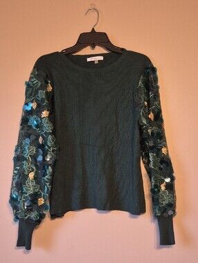 Sioni Ribbed Scoop Neck Sweater in Teal Green W/ Embellished Sheer Sleeves